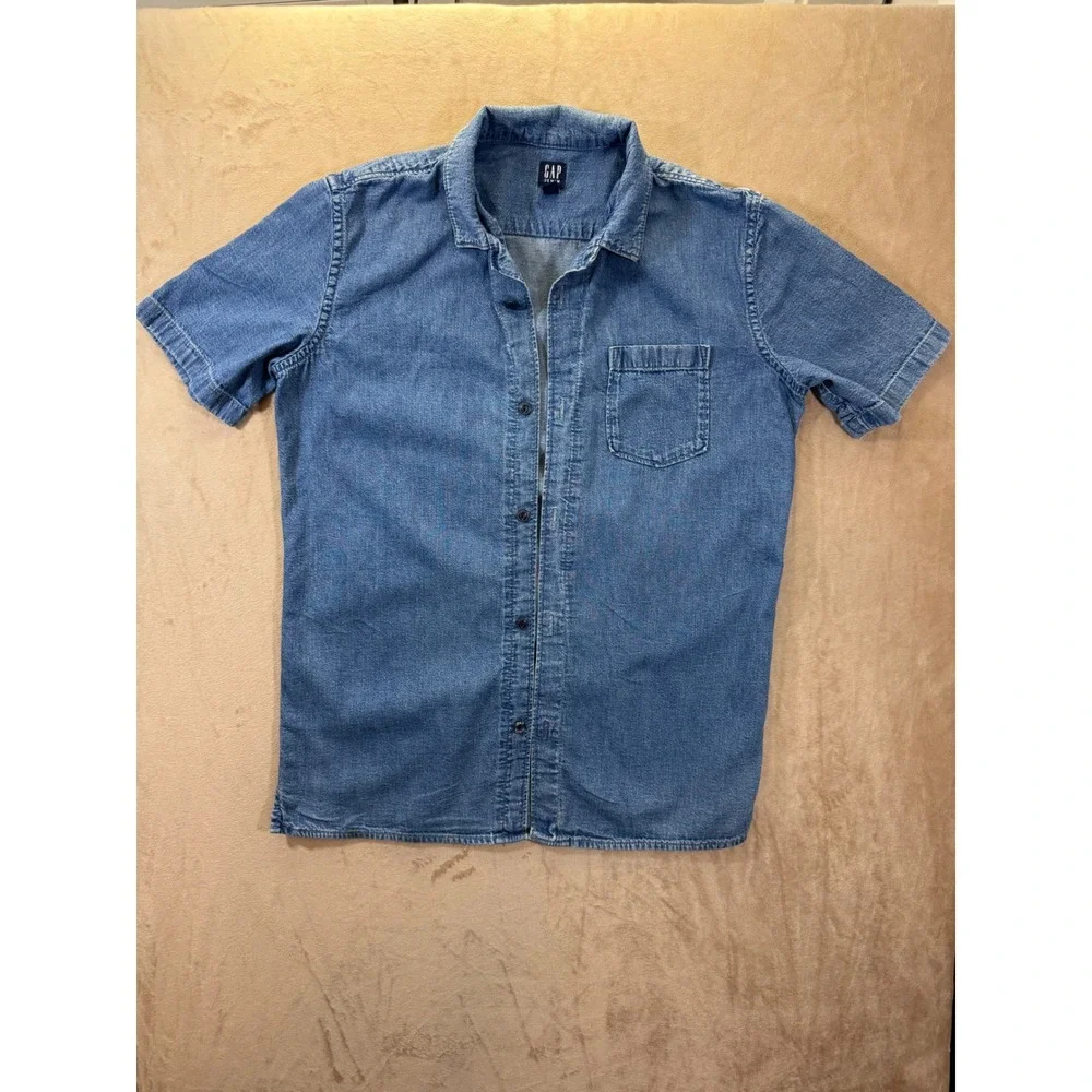 Gap Denim Youth XXL 14-16 Short Sleeve Button Down Shirt Medium Wash Blue Cotton